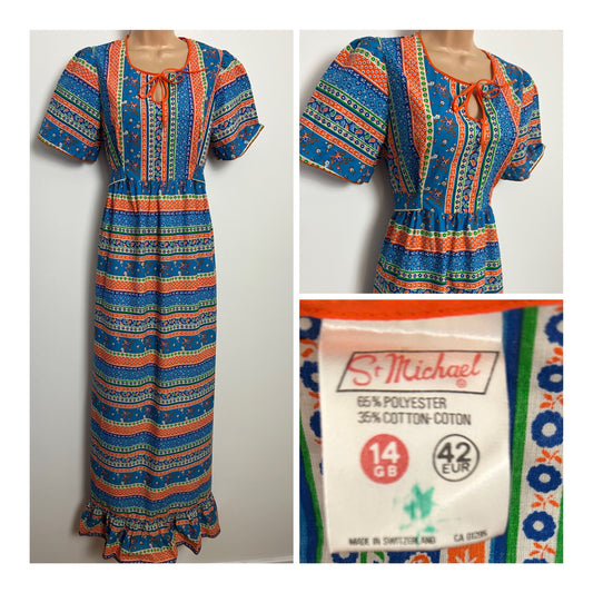 Vintage Early 1970s ST MICHAEL Size 8 Blue Orange & Green Floral Paisley & Spot Print Cotton Mix Maxi Dress