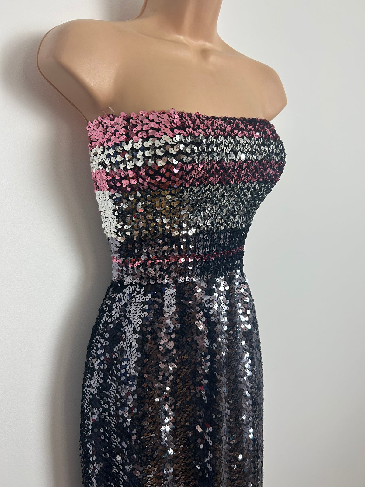 Vintage Late 1970s Up To Size 10 Black Silver Pink & Purple Sequin Strapless Evening Maxi Dress