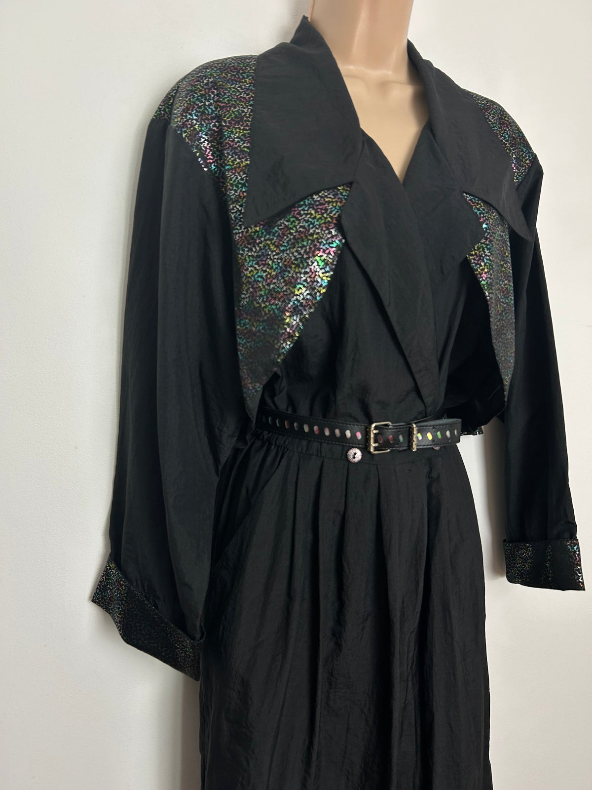 Vintage 1980s Size 12 Black & Metallic Multicolour Mock Waistcoat Style Belted Disco Jumpsuit