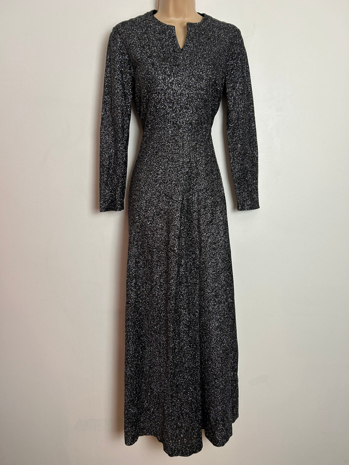 Vintage 1970s UK Size 8 Black & Silver Glittery Lurex Long Sleeve Notch Neck Occasion Maxi Dress