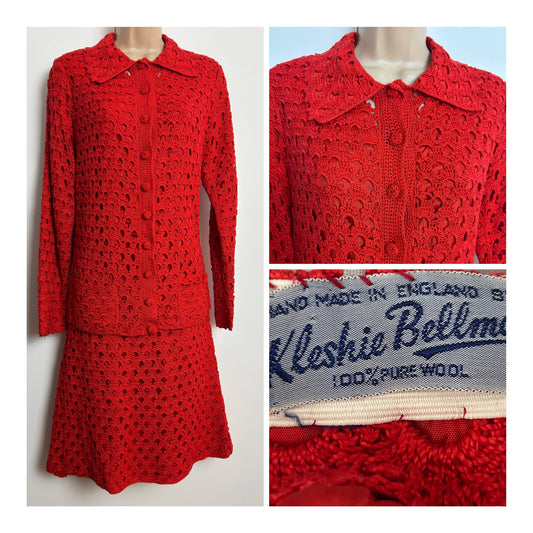 Vintage 1960s VERY RARE KLESHIE BELLMAN Size 12 Hand Made 100% Wool Red Crochet Skirt Suit