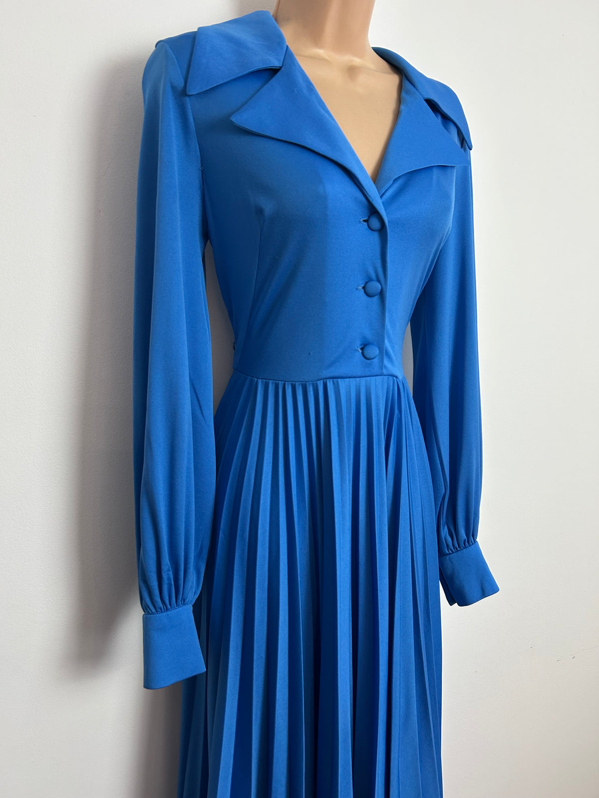 Vintage 1970s MARJON COUTURE  Blue Pleated Long Sleeve Maxi Dress Size 10