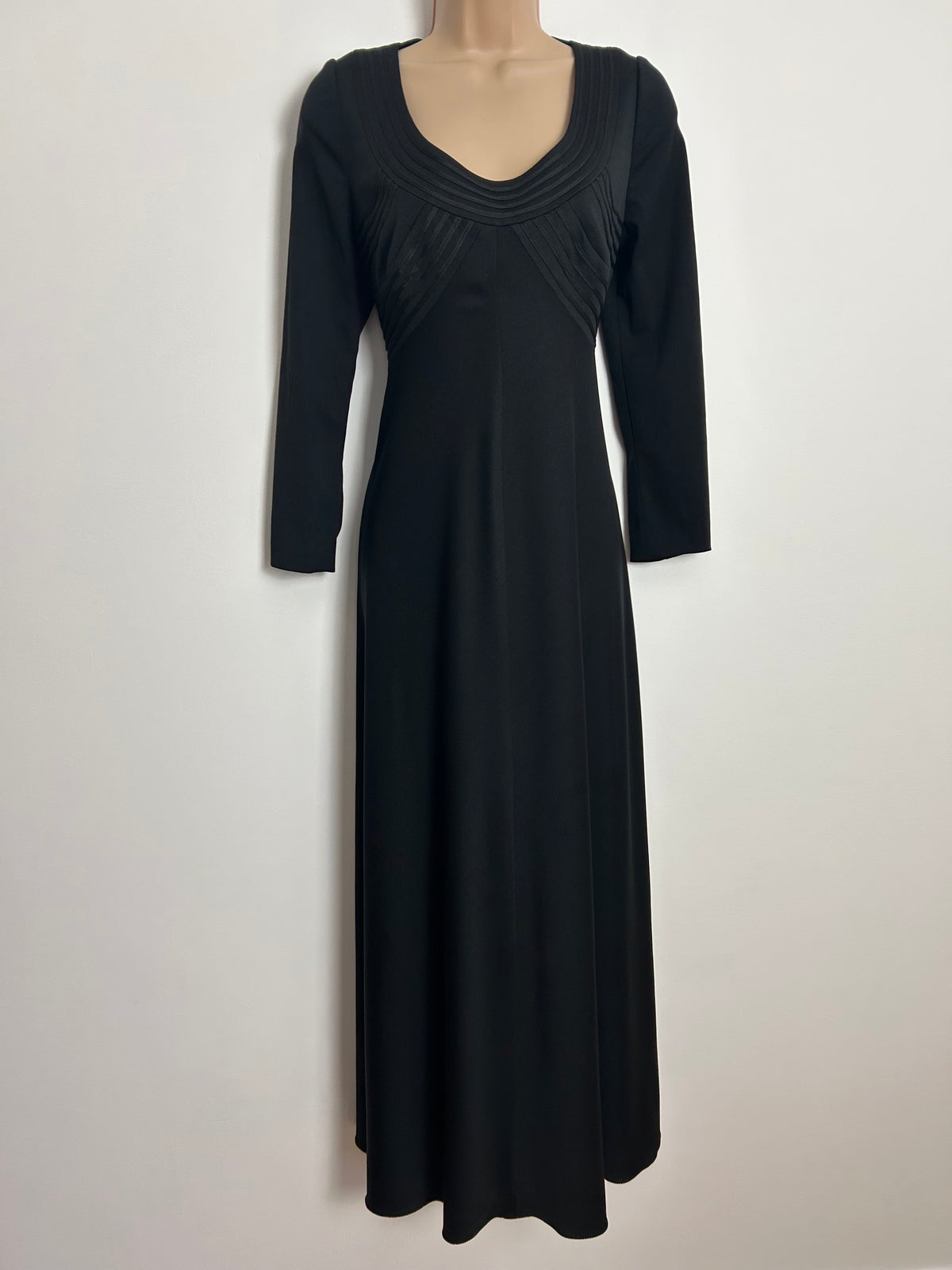 Vintage 1970s YVETTE UK Size 10-12 Black Braid Trim Detailing Long Sleeve Occasion Evening Maxi Dress