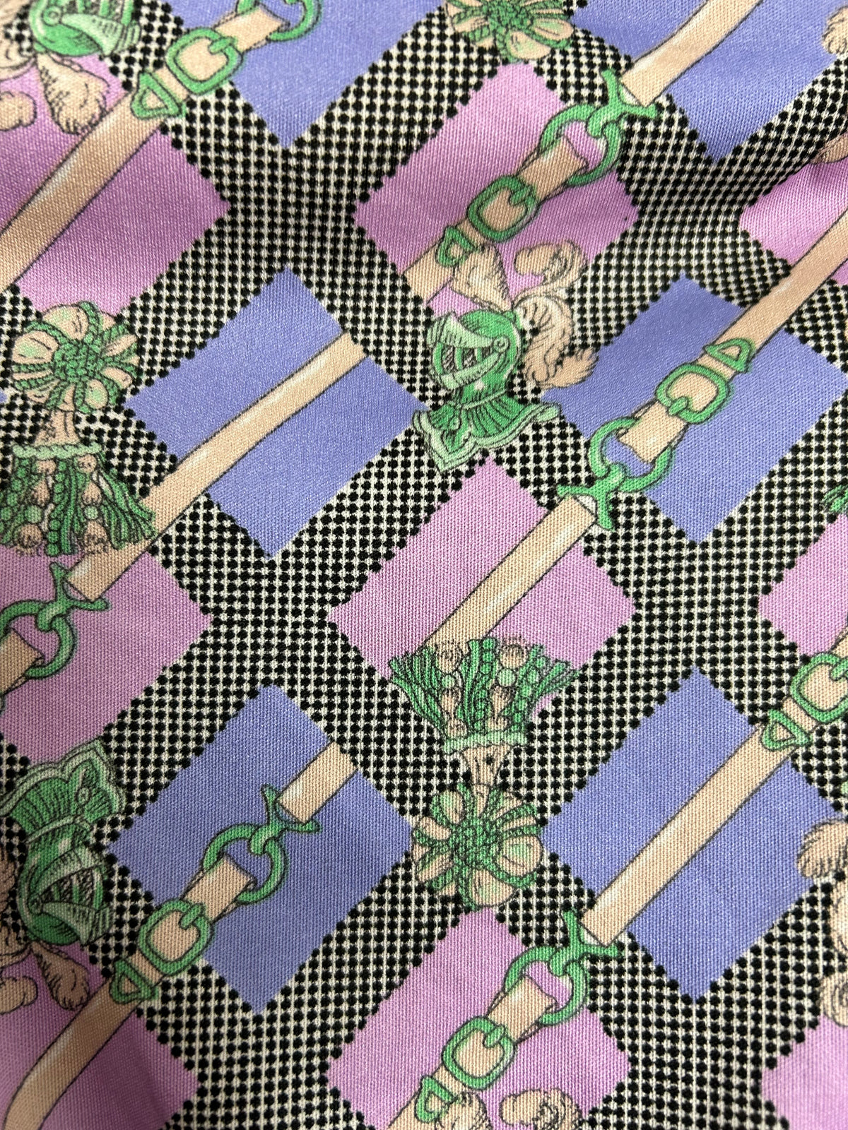 Vintage 1970s UK Size 12 Lilac & Pink Check Strap & Knights Helmet Print Zip Front Dagger Collared Mod Dress