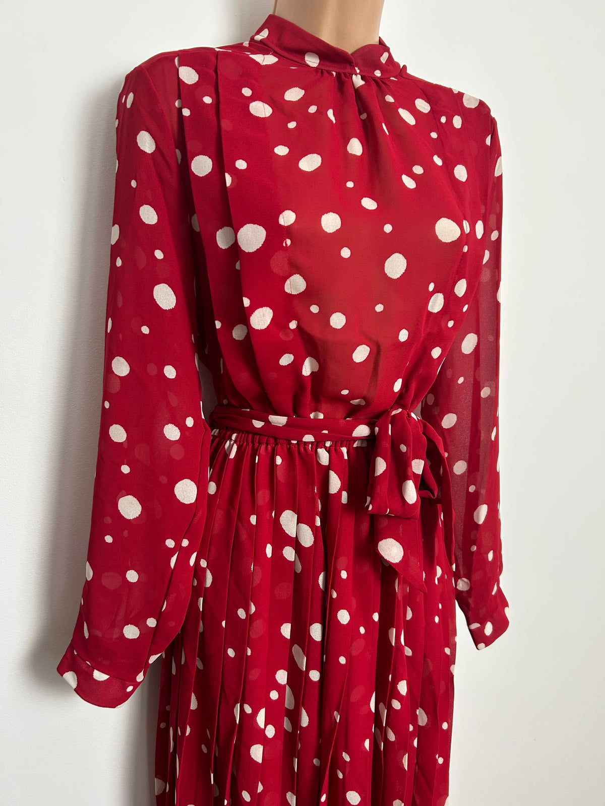 Vintage Early 1980s ST MICHAEL Size 12 Red & White Polka Dot Spot Print Belted Pleated Dress