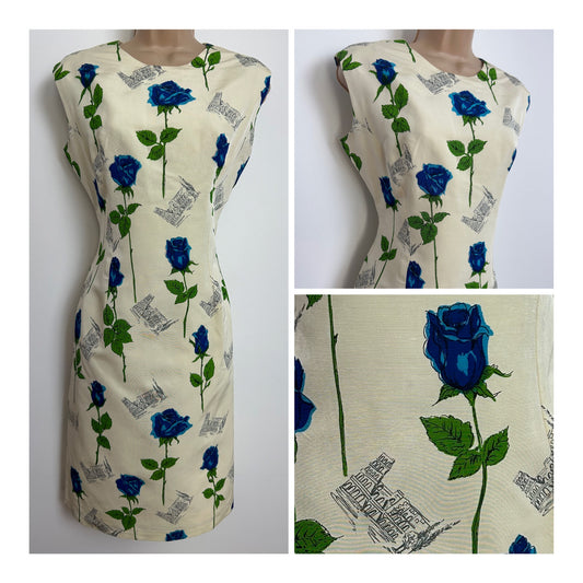 Vintage Early 1960s Size 14 Cream Blue & Grey Rose & Colosseum Novelty Print Wiggle Dress