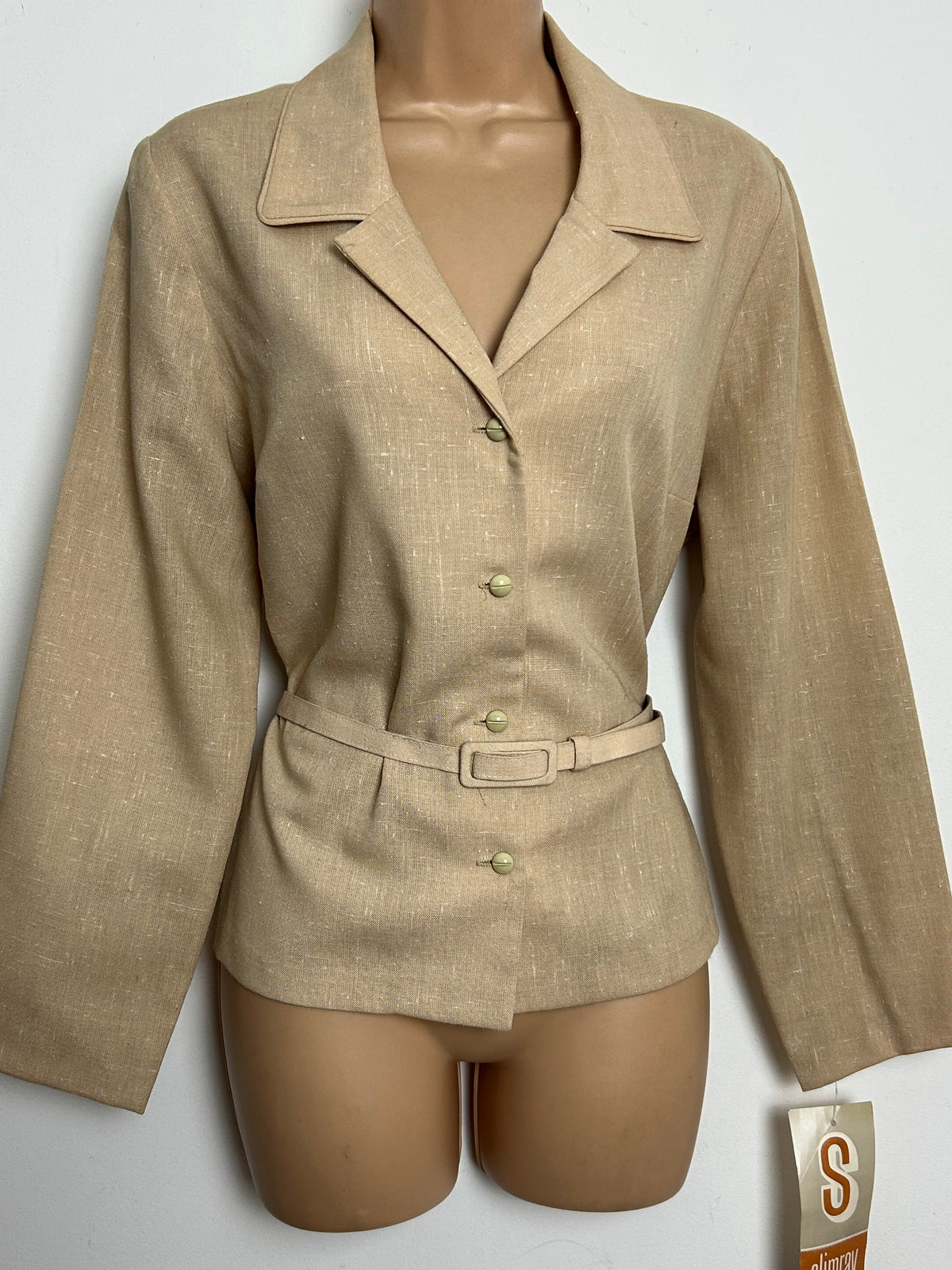 Vintage Late 1960s Deadstock SLIMRAY Size 14 Beige Long Sleeve Belted Shirt
