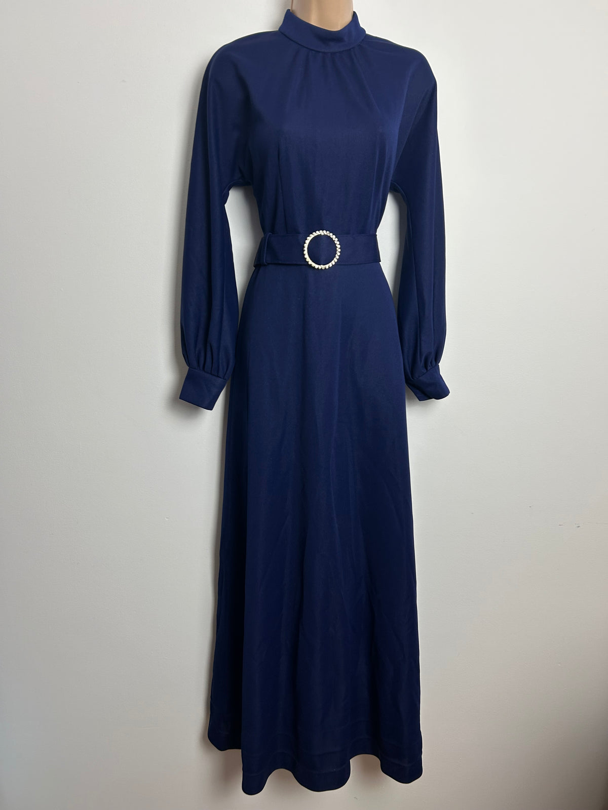 Vintage 1970s Size 8-10 Navy Blue Long Sleeve Belted Maxi Dress