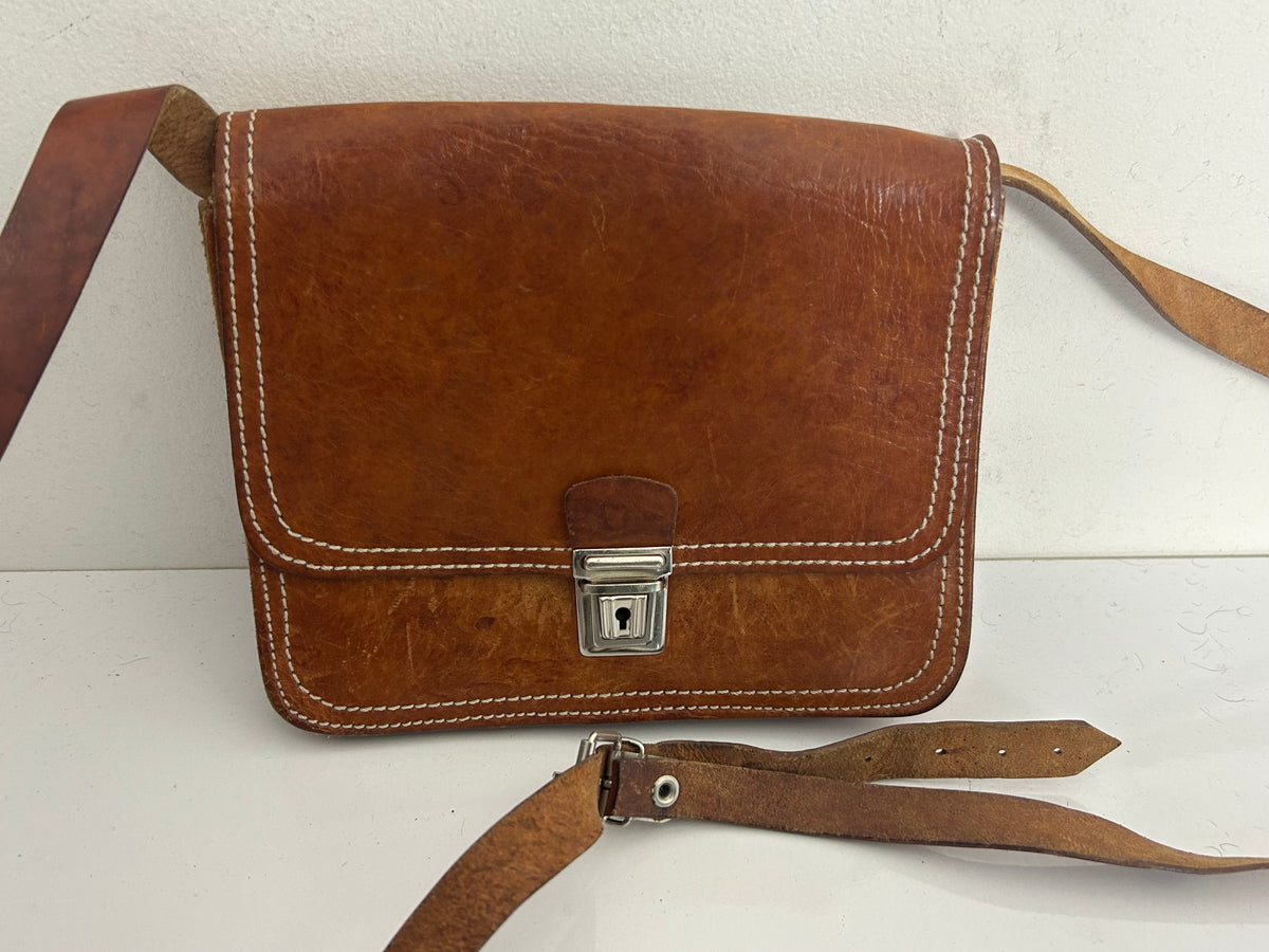 Vintage 1970s Small Tan Brown Mini Satchel Cross Body Bag