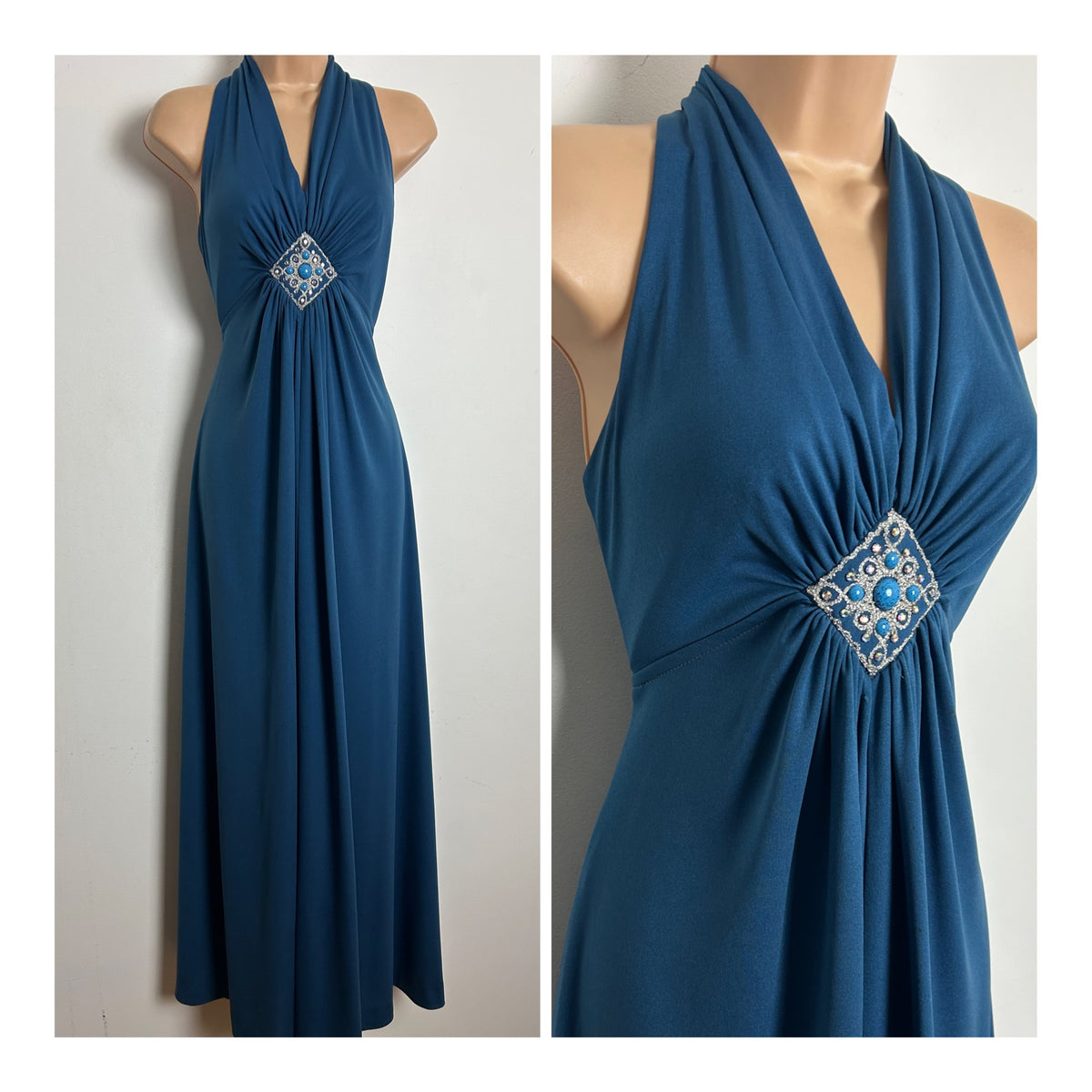 Vintage 1970s Size 8  Dusky Blue Braid Diamante & Bead Applique Detail Evening Maxi Dress