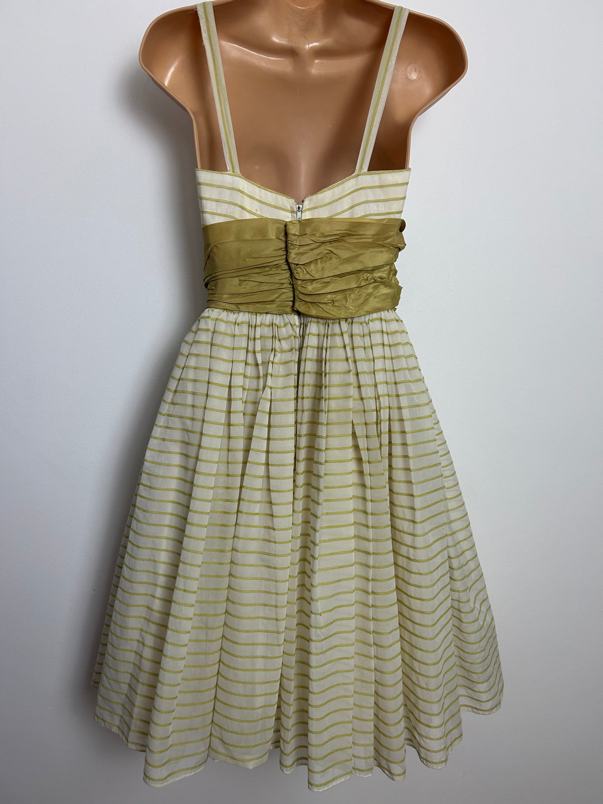 Vintage 1950s Size 4-6 White & Olive Green Stripe Print Ruched Waist Panel Party Prom Dress