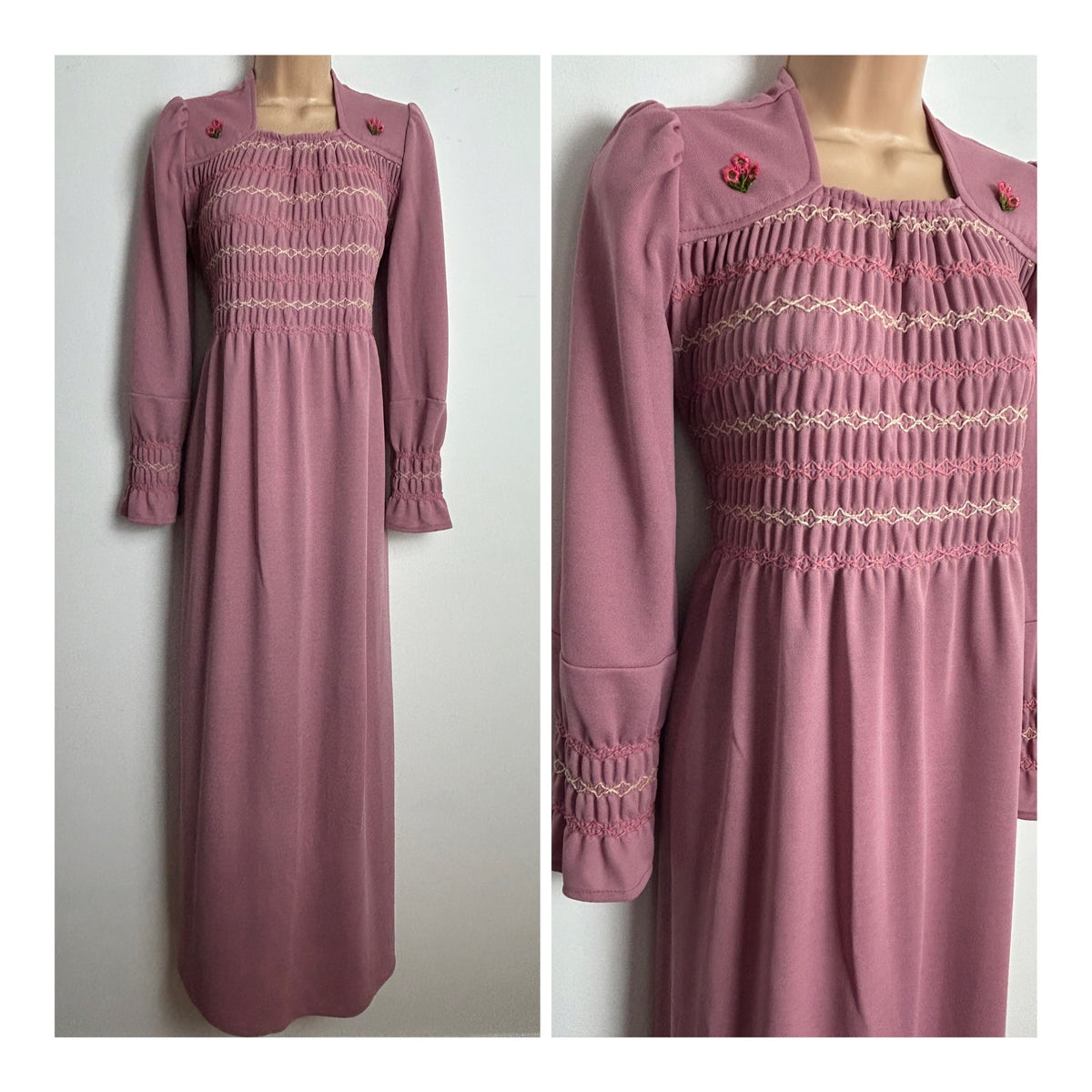 Vintage 1970s UK Size 12 Dusky Pink Shirred Bodice Long Sleeve Tie Back Maxi Dress