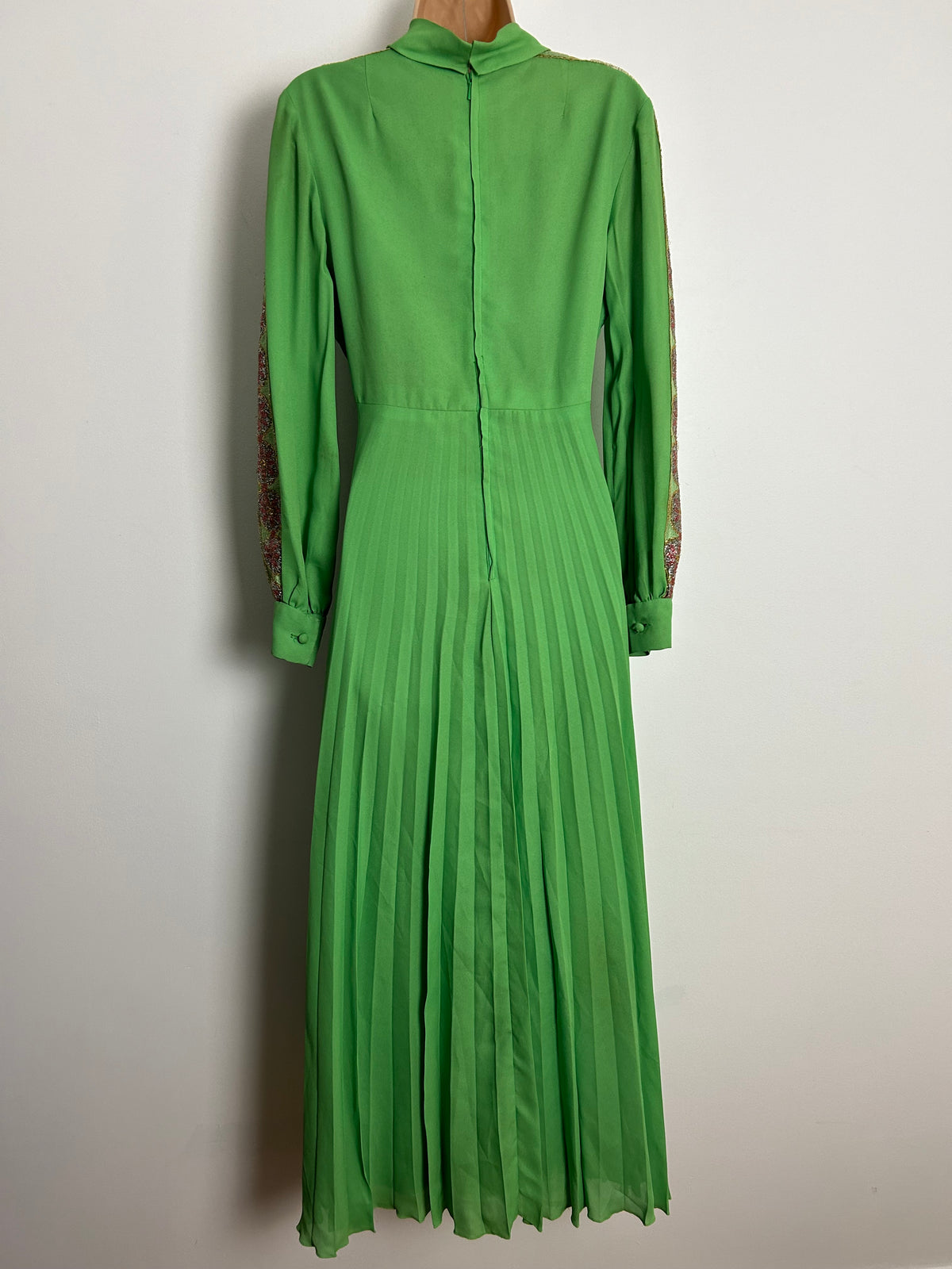 Vintage 1970s UK Size 10 Lime Green Chiffon Pleated Long Sleeve Glittery Braid Trim Occasion Maxi Dress