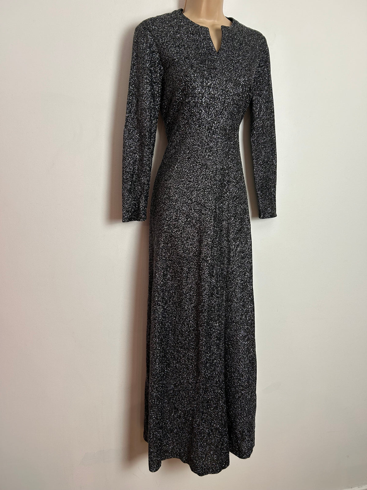 Vintage 1970s UK Size 8 Black & Silver Glittery Lurex Long Sleeve Notch Neck Occasion Maxi Dress