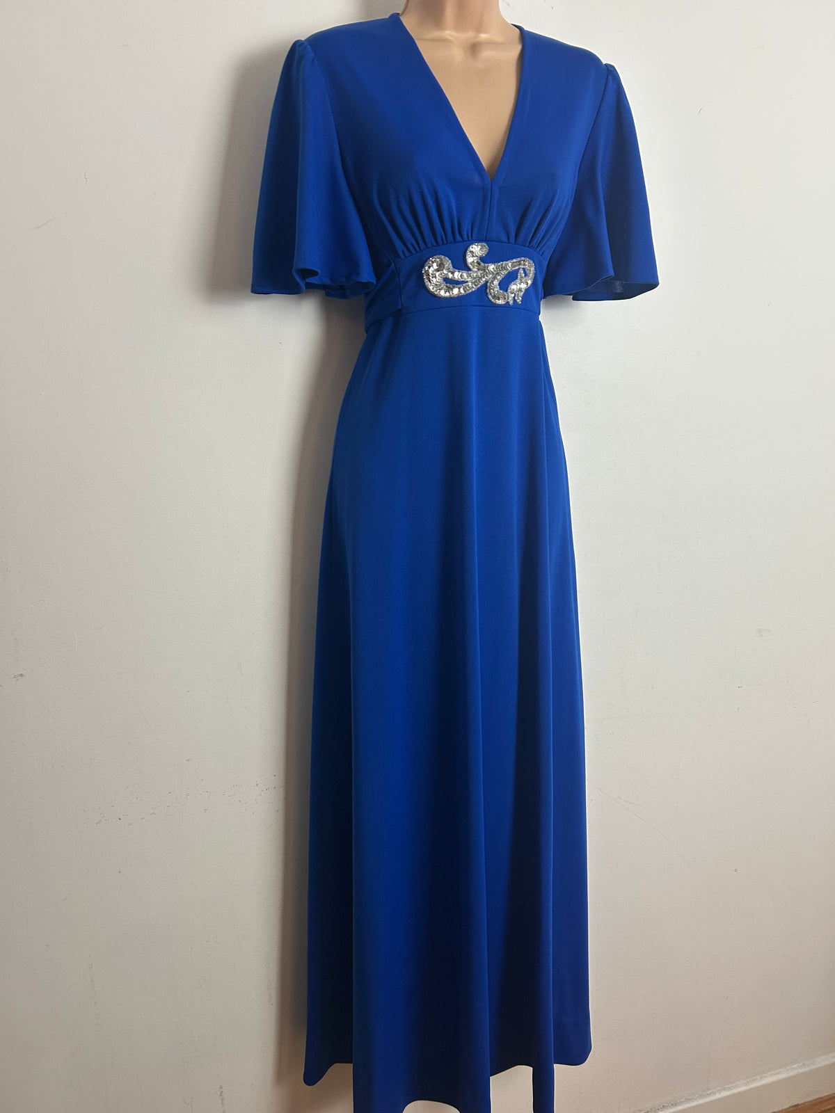 Vintage 1970s Size 8 Royal Blue Sequin Applique Detail Tie Back Occasion Maxi Dress