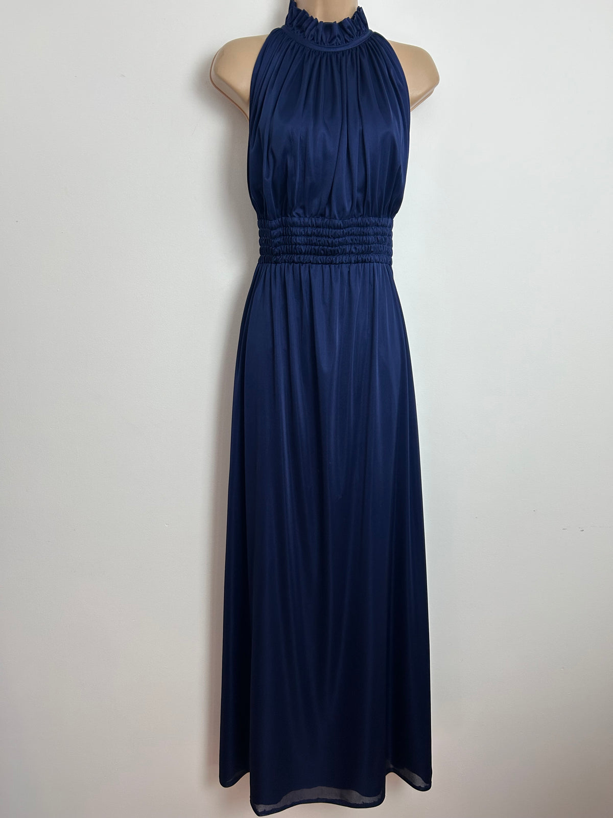 Vintage 1980s HOFFMAN Size 10 Navy Blue Sleeveless Shirred Waist Occasion Evening Maxi Dress