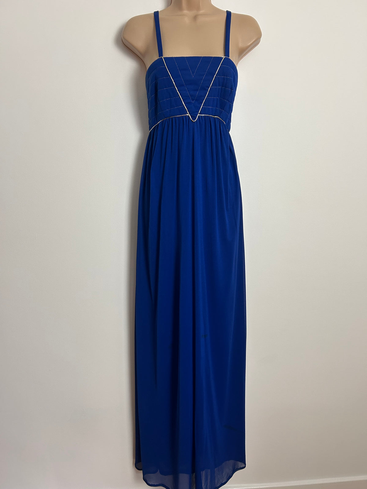 Vintage 1970s MUREK MODELL UK Size 8 Royal Blue & Gold Piping Trim Empire Line Occasion Maxi Dress