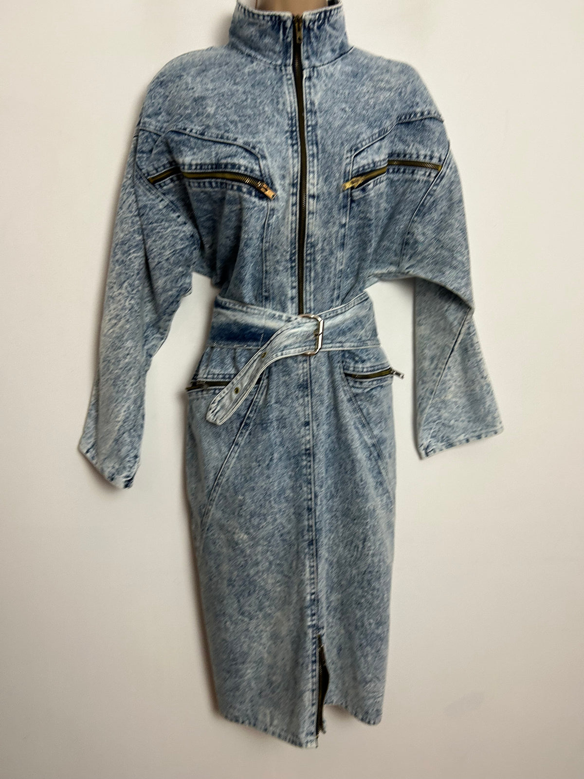 Vintage 1980s RARE ST DENIS UK Size 12 Acid Wash Blouson Style Zip Pocket Belted Deni Dress