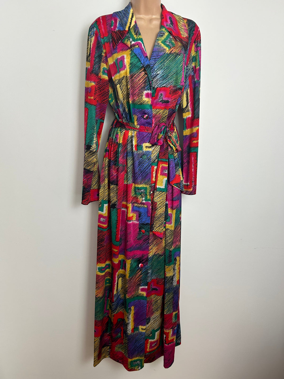 Vintage 1970s POMPADOUR Size 14-16 Multicolour Abstract Geo Square Print Dagger Collar Belted Maxi Dress