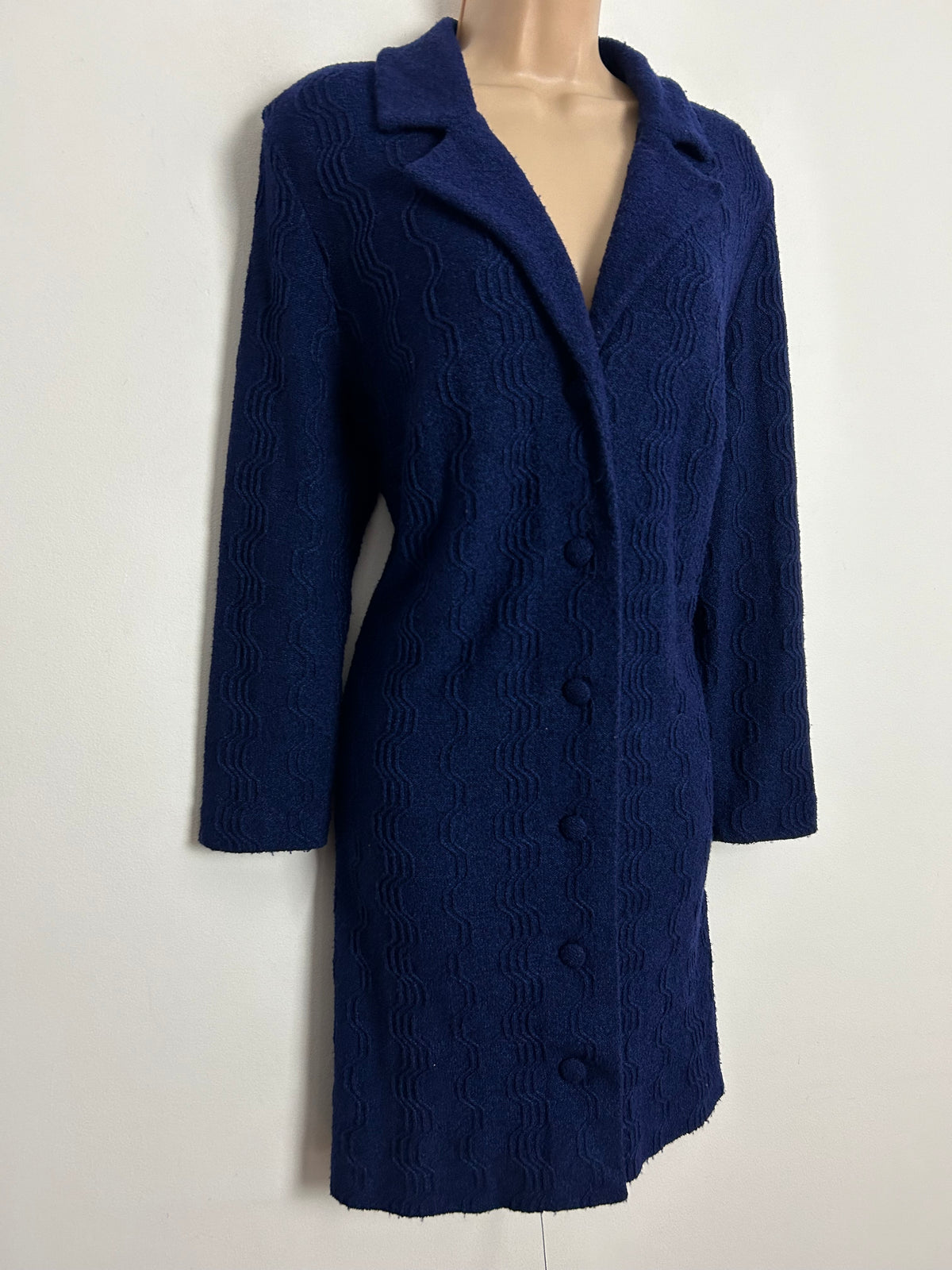 Vintage 1970s SAINT DENIS UK Size 16 Navy Blue Textured Wavy Stripe Jersey Long Sleeve Mod Shift Dress