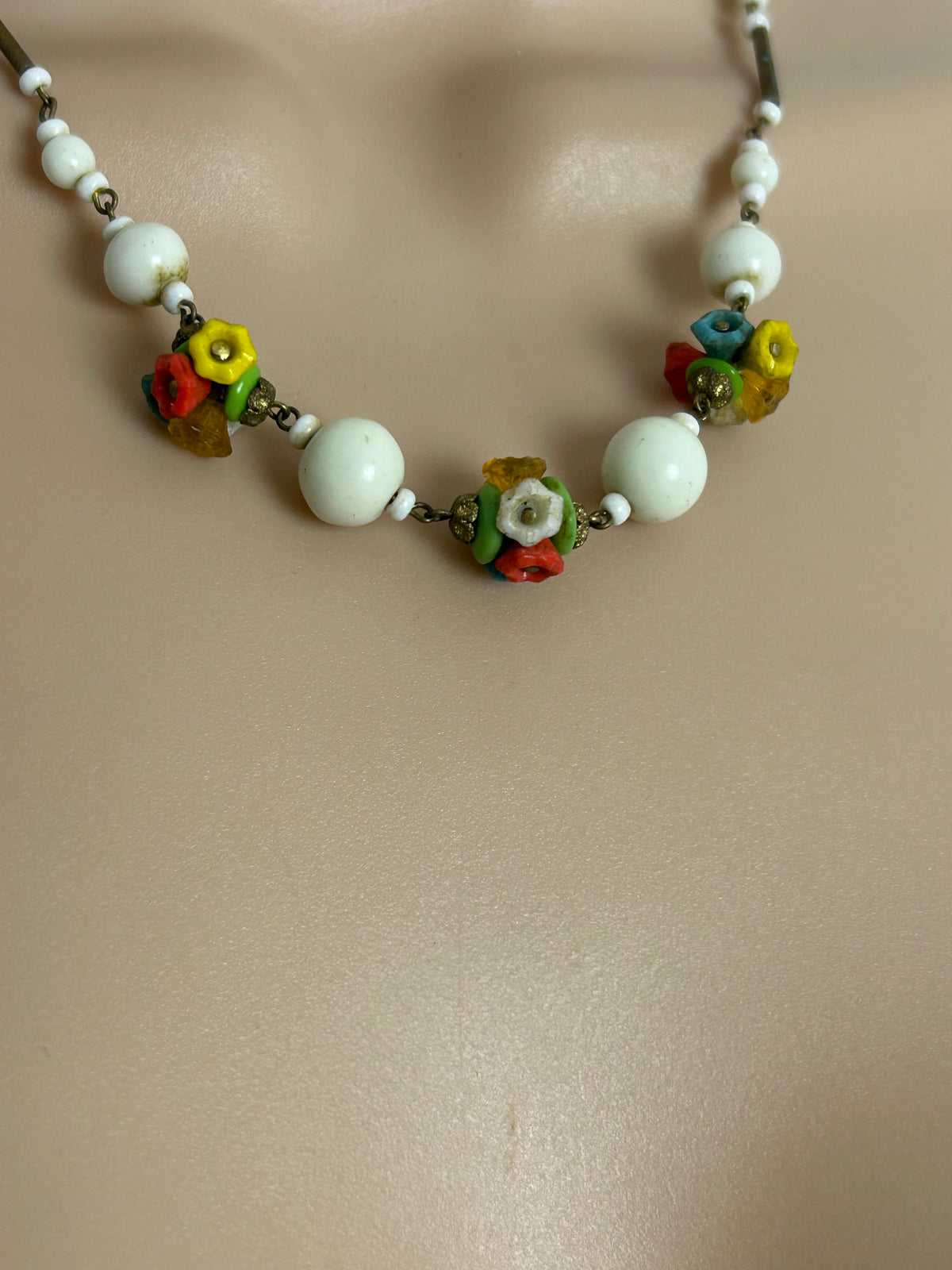 Vintage 1930’s Pretty White Czech Milk & Colour Glass Flower Necklace