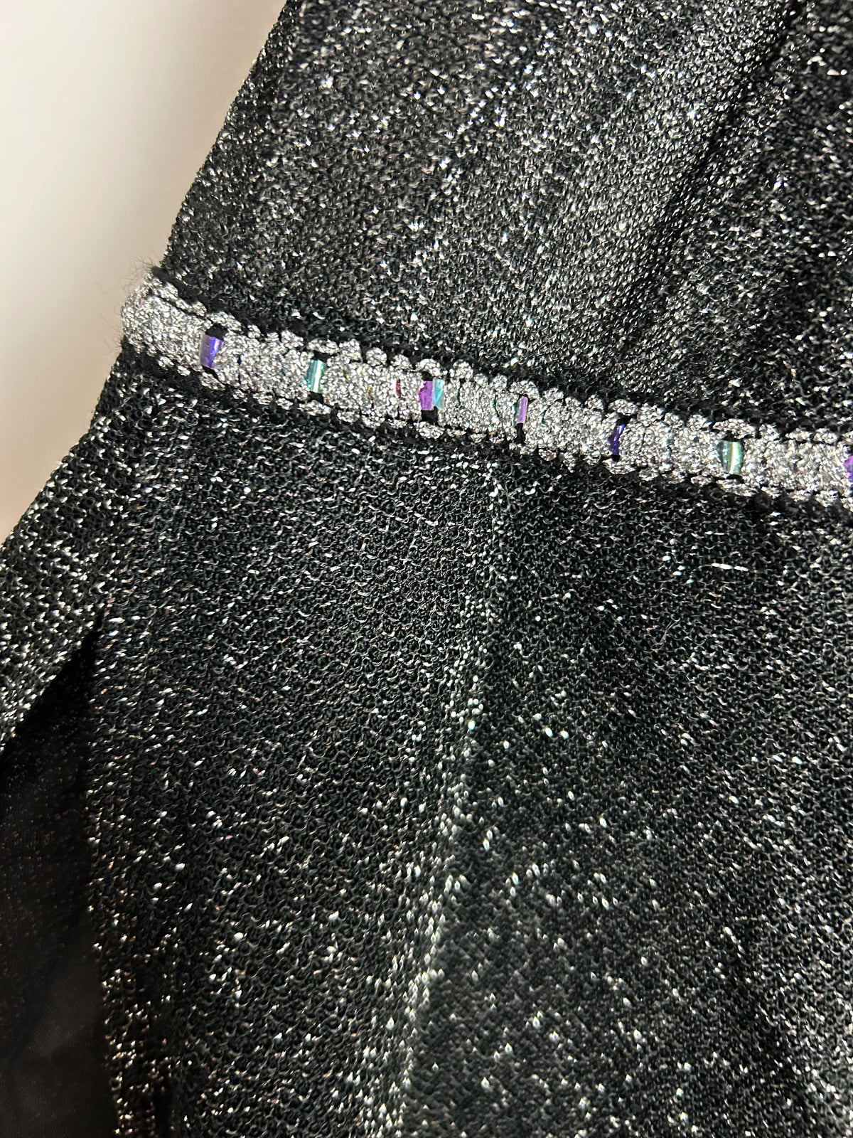 Vintage 1970s UK Size 12 Black & Silver Lurex Split Sleeve Occasion Evening Maxi Dress