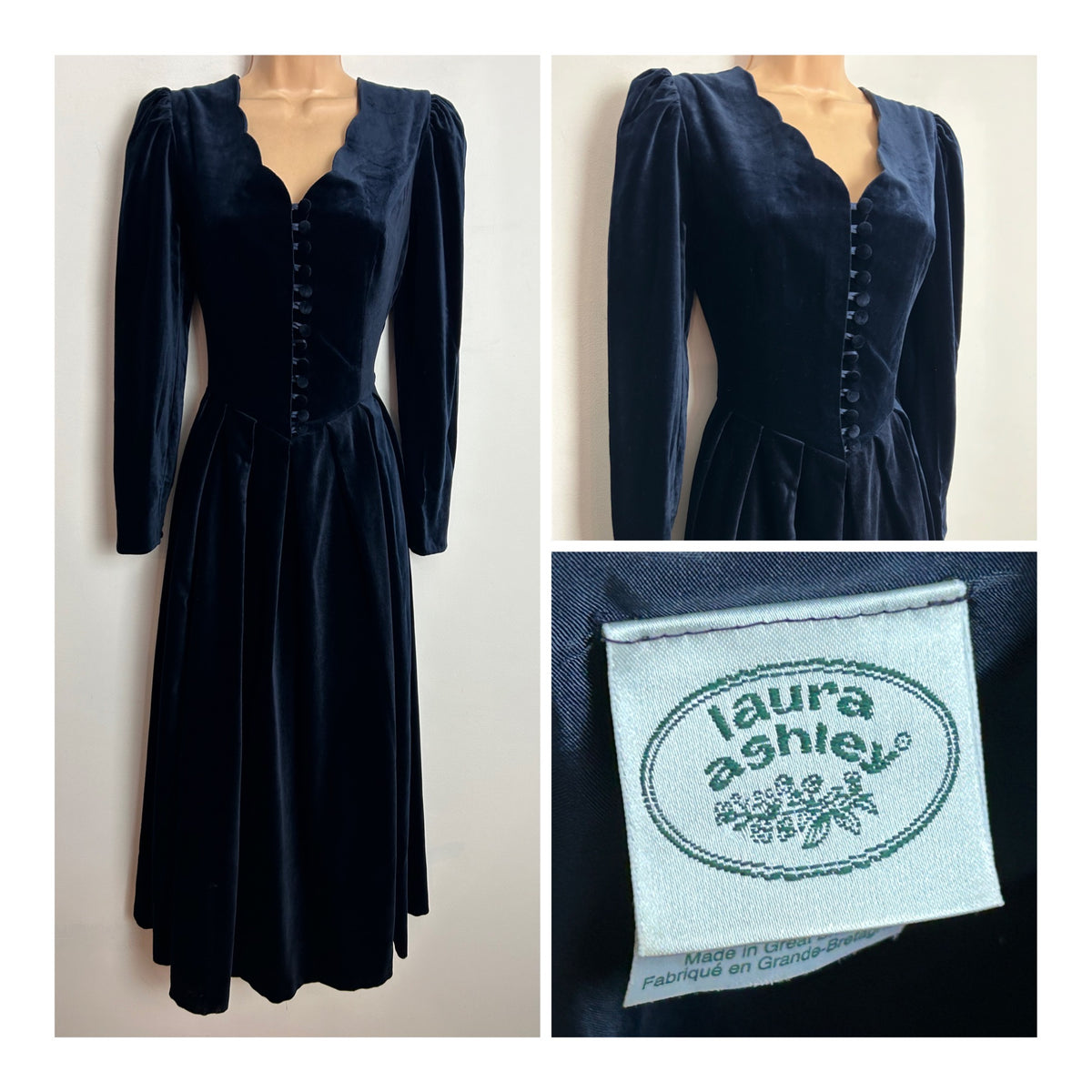 Vintage 1980s LAURA ASHLEY UK Size 8-10 (Size 12 On Label) Dark Blue Velvet Scallop Neck Long Sleeve Dress