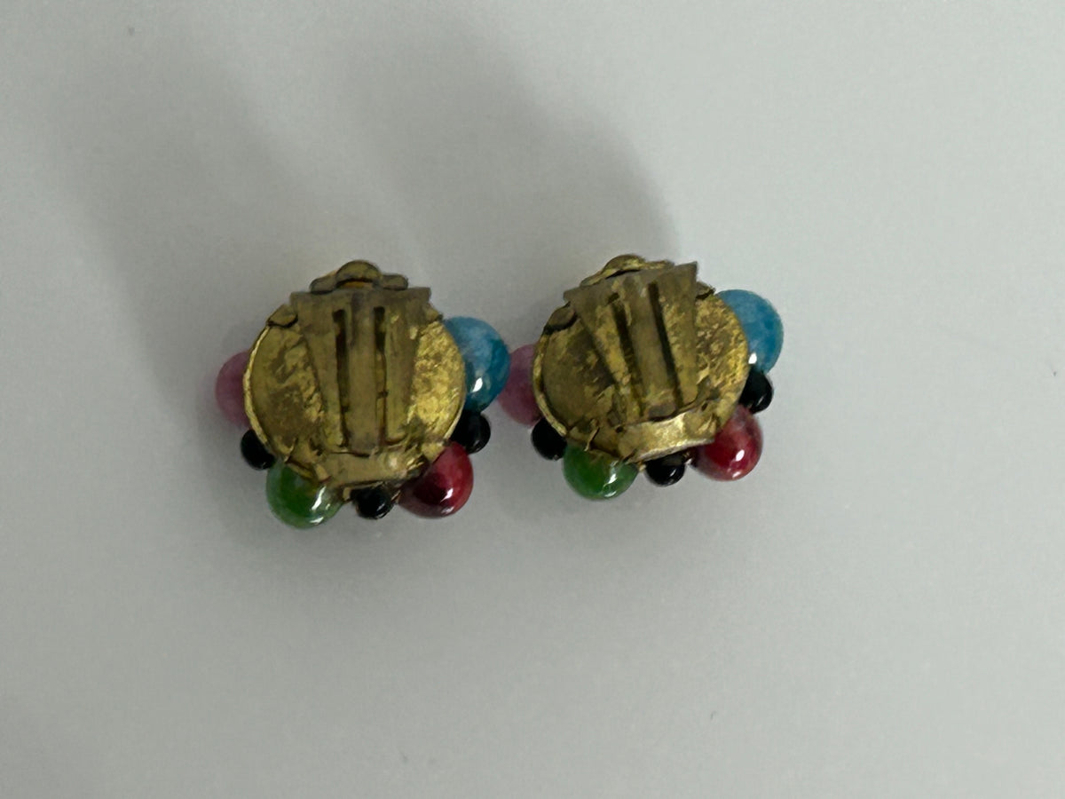Vintage 1960s Gorgeous Multicolour Stone Set Flower Clip On Earrings