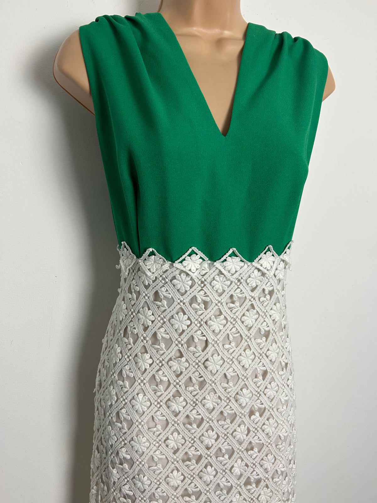 Vintage Late 1960s Size 14 Green & White Embroidered Lace Special Occasion Maxi Dress
