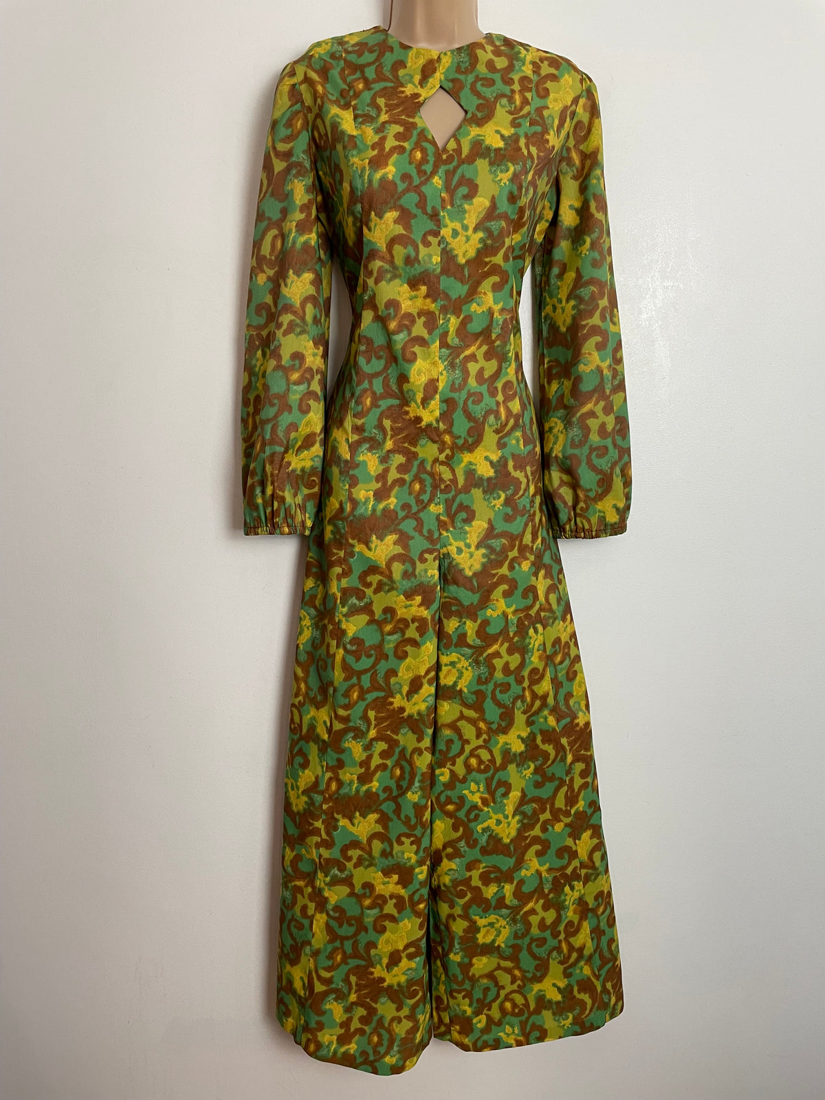 Vintage Late 1960s UK Size 10 Green Brown & Yellow Abstract Print Long Sleeve Wide Leg Keyhole Jumpsuit
