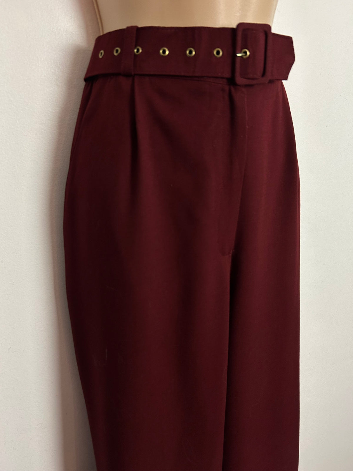 Vintage 1980s UK Size 12 Burgundy Straight Leg Wool Mix Trousers