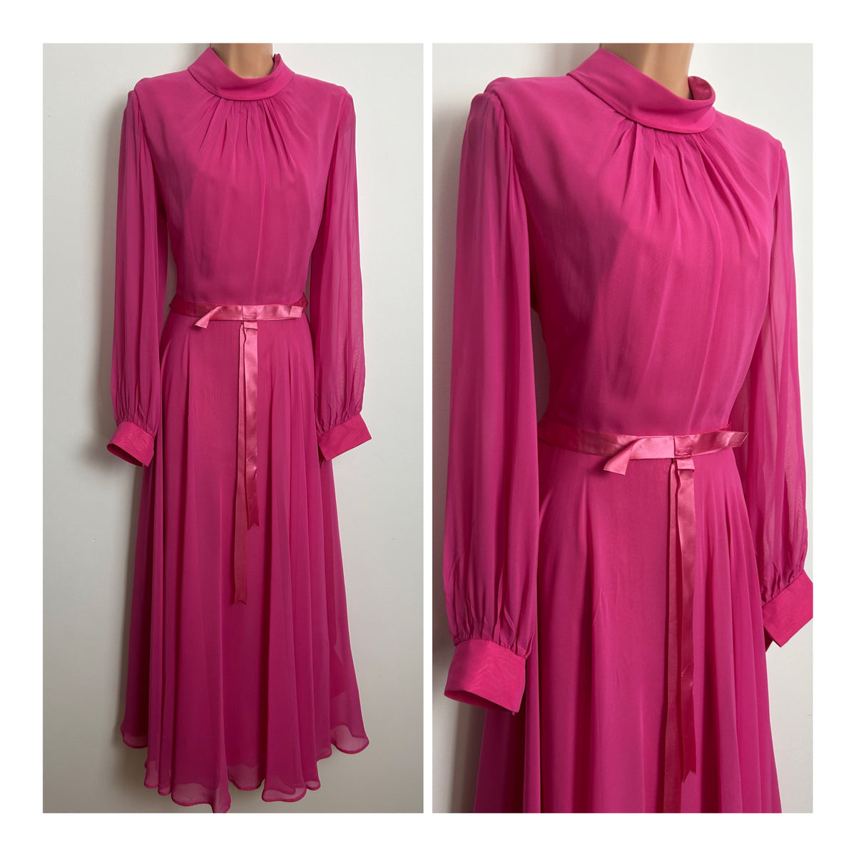 Vintage 1960s PETERSON MAID Size 10 Candy Pink Chiffon Long Sleeve Occasion Maxi Dress