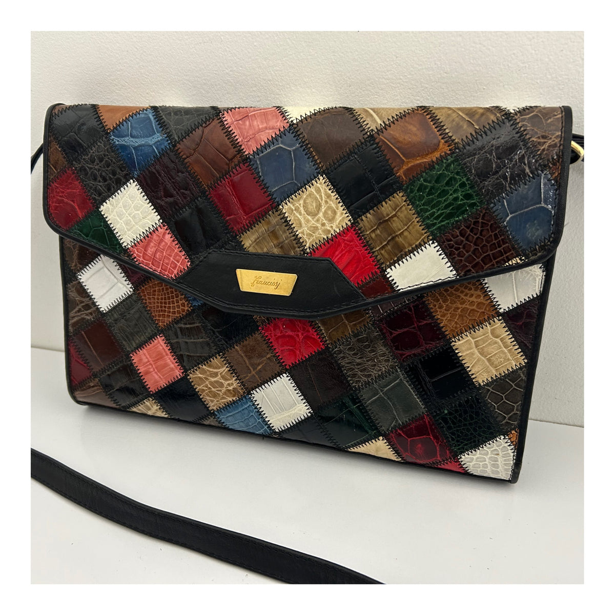 Vintage 1980s Black & Multicolour Patchwork Effect Shoulder Bag