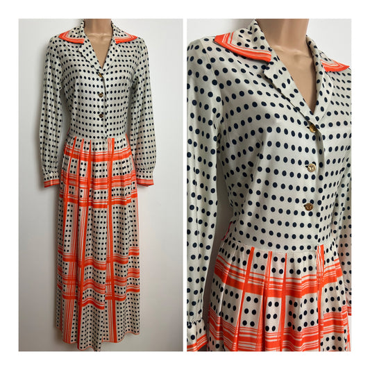 Vintage 1970s R&K Originals Size 8 Off White Black & Orange Polka Dot & Stripe Long Sleeve Maxi Dress