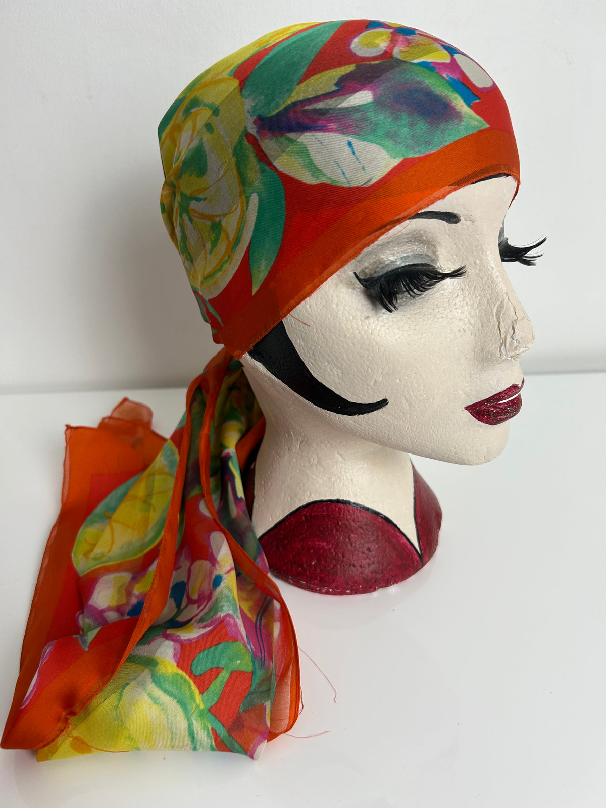 Vintage C&A Orange Yellow & Green Floral & Lemons Print Long Chiffon Scarf 154cm x 41cm