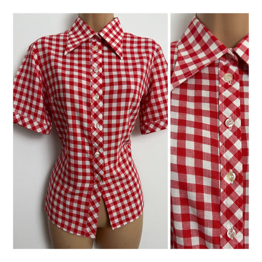 Vintage Late 1970s FLORENZ ADIBO Size 12 Red & White Gingham Check Short Sleeve Cotton Shirt