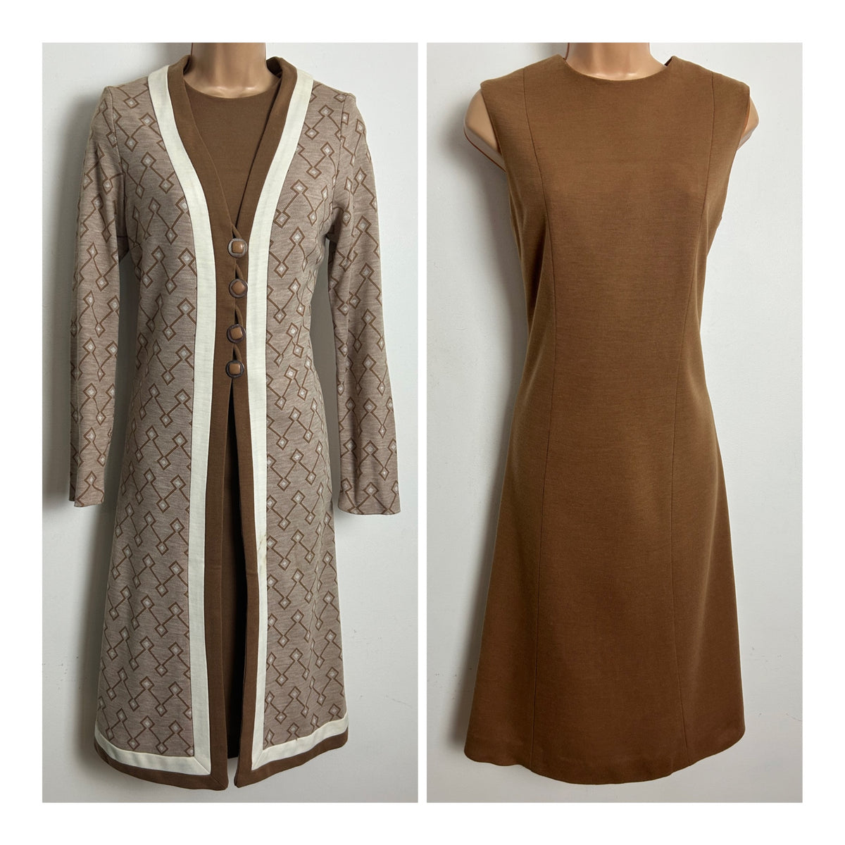 Vintage 1960s Size 10 Camel Brown Mod Dress & Matching Jacket Two Piece Suit
