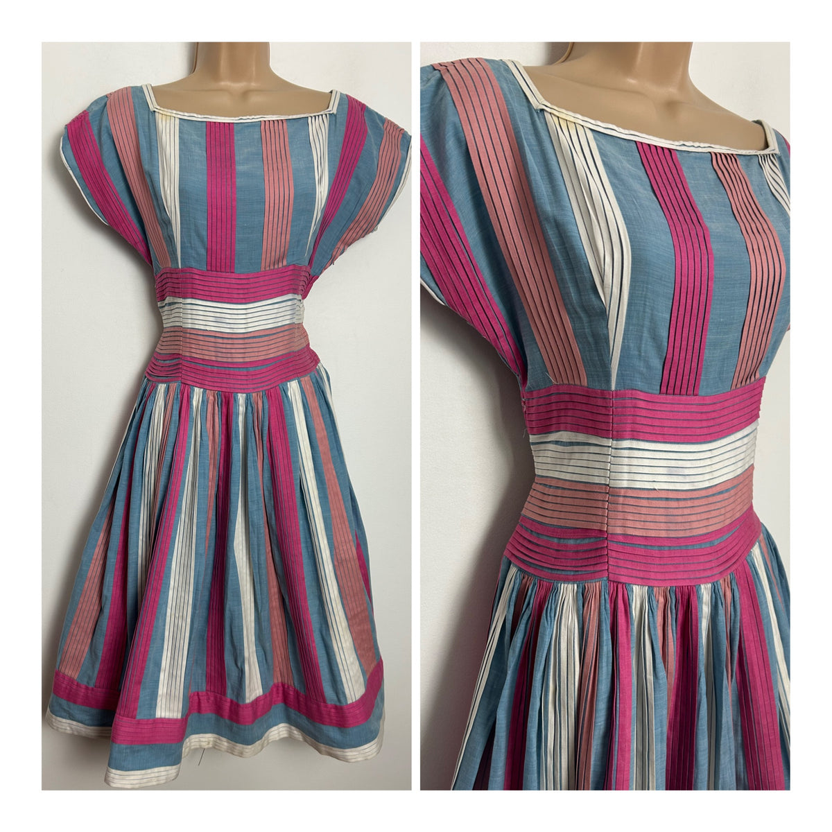 Vintage 1950s ALICE EDWARDS Size 10 Pink Blue & White Cotton Pleated Summer Prom Dress