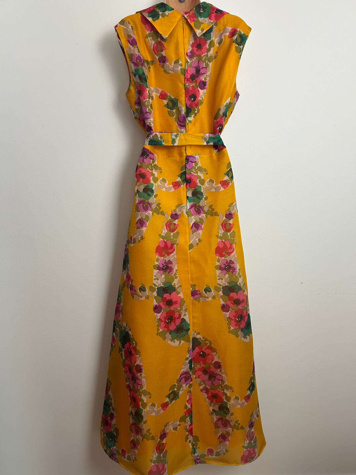 Vintage Early 1970s WOLF H BUSSE Size 14 Mustard Yellow & Pink Tones Dagger Collar Belted Maxi Dress