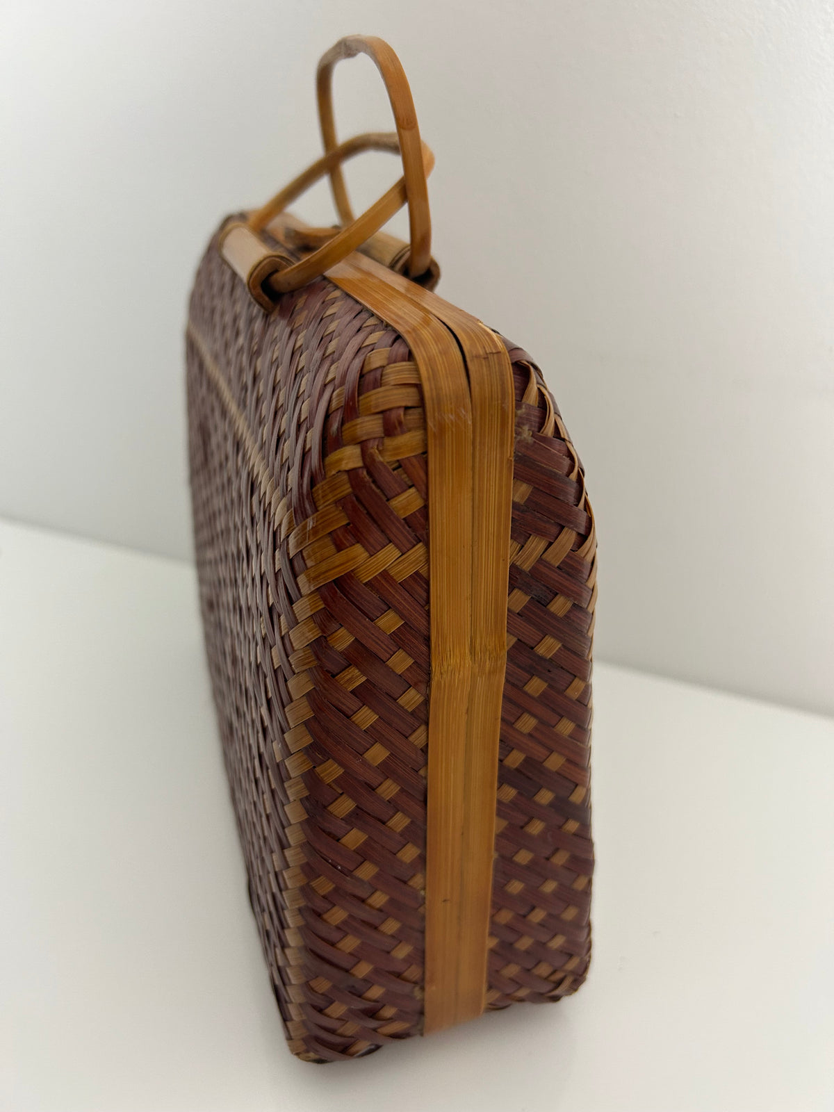 Vintage 1950s Peoples Republic Of China Brown & Tan Wicker Woven Box Style Handbag