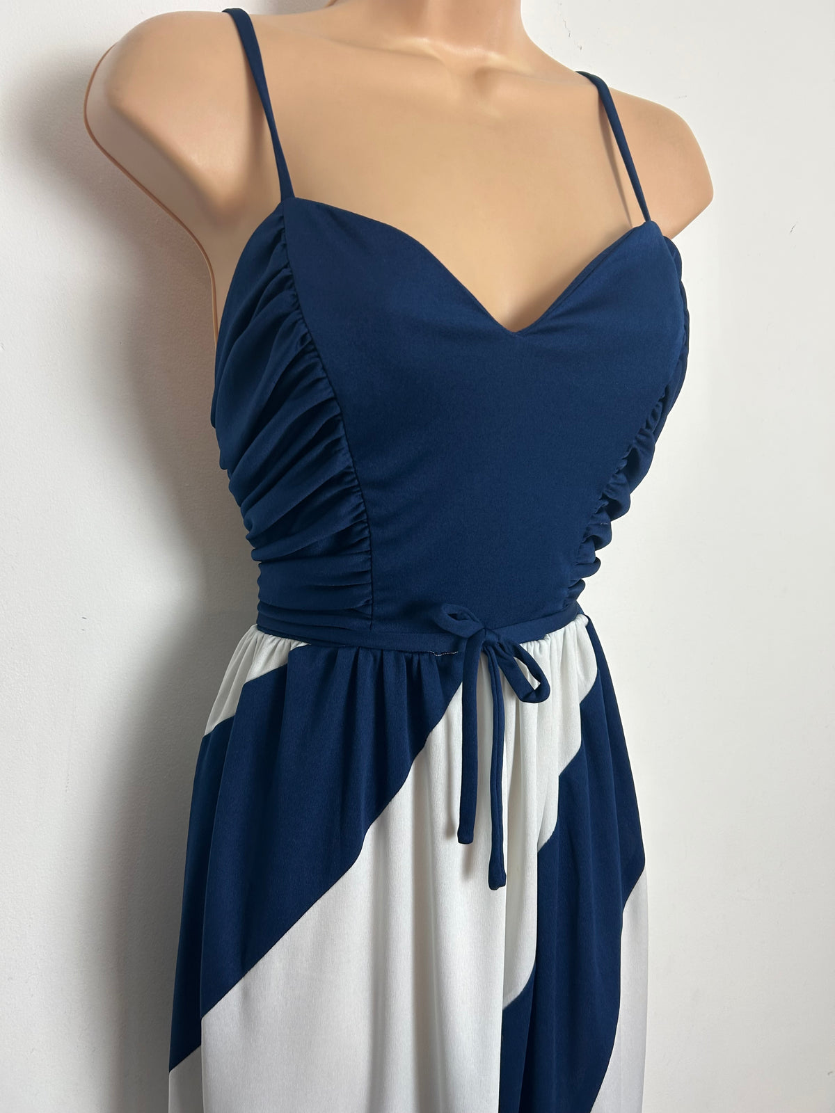 Vintage Late 1970s AFTER SIX Size 8 Navy Blue & White Panelled Strappy Occasion Maxi Dress