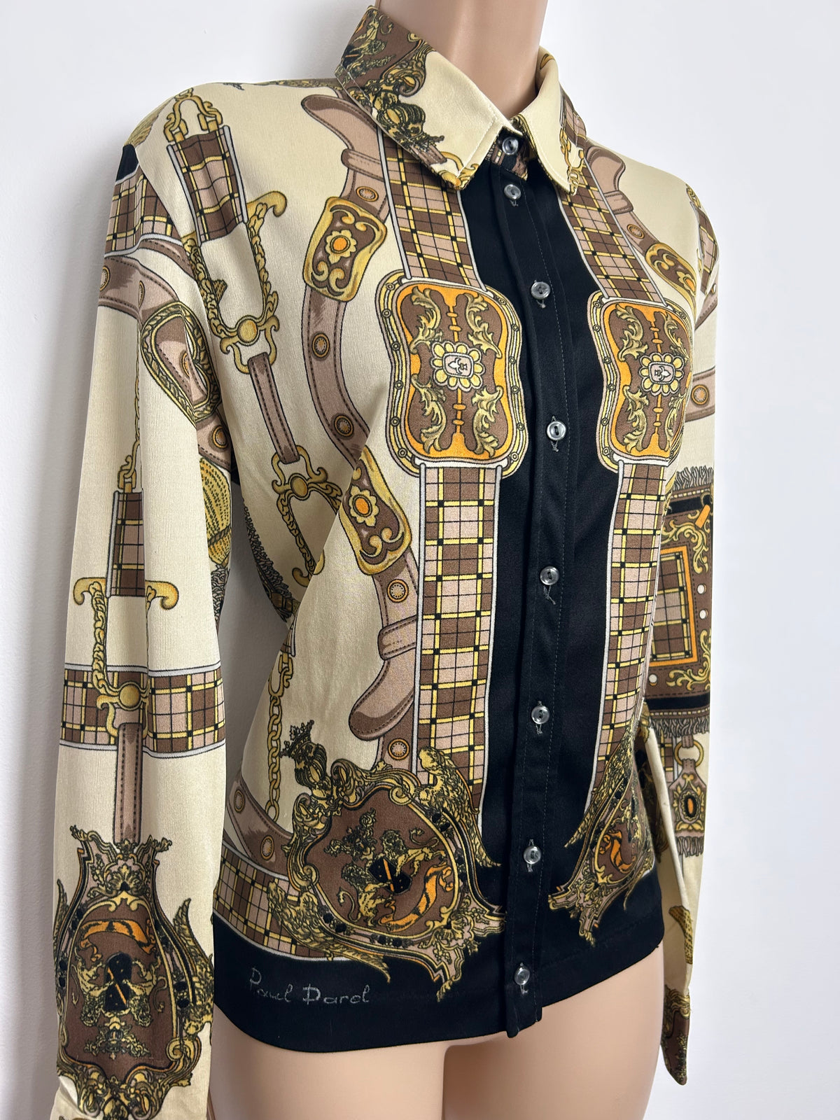 Vintage Early 1980s Size 14 PAUL DAREL SIGNED Cream & Brown Baroque Equestrian Print Shirt