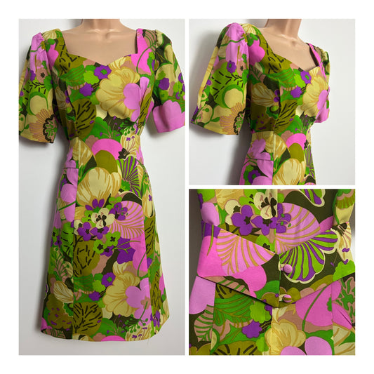 Vintage 1960s PENNEYS HAWAII Size 12 Green Pink & Purple Floral Print Sash Belted Mod Summer Dress