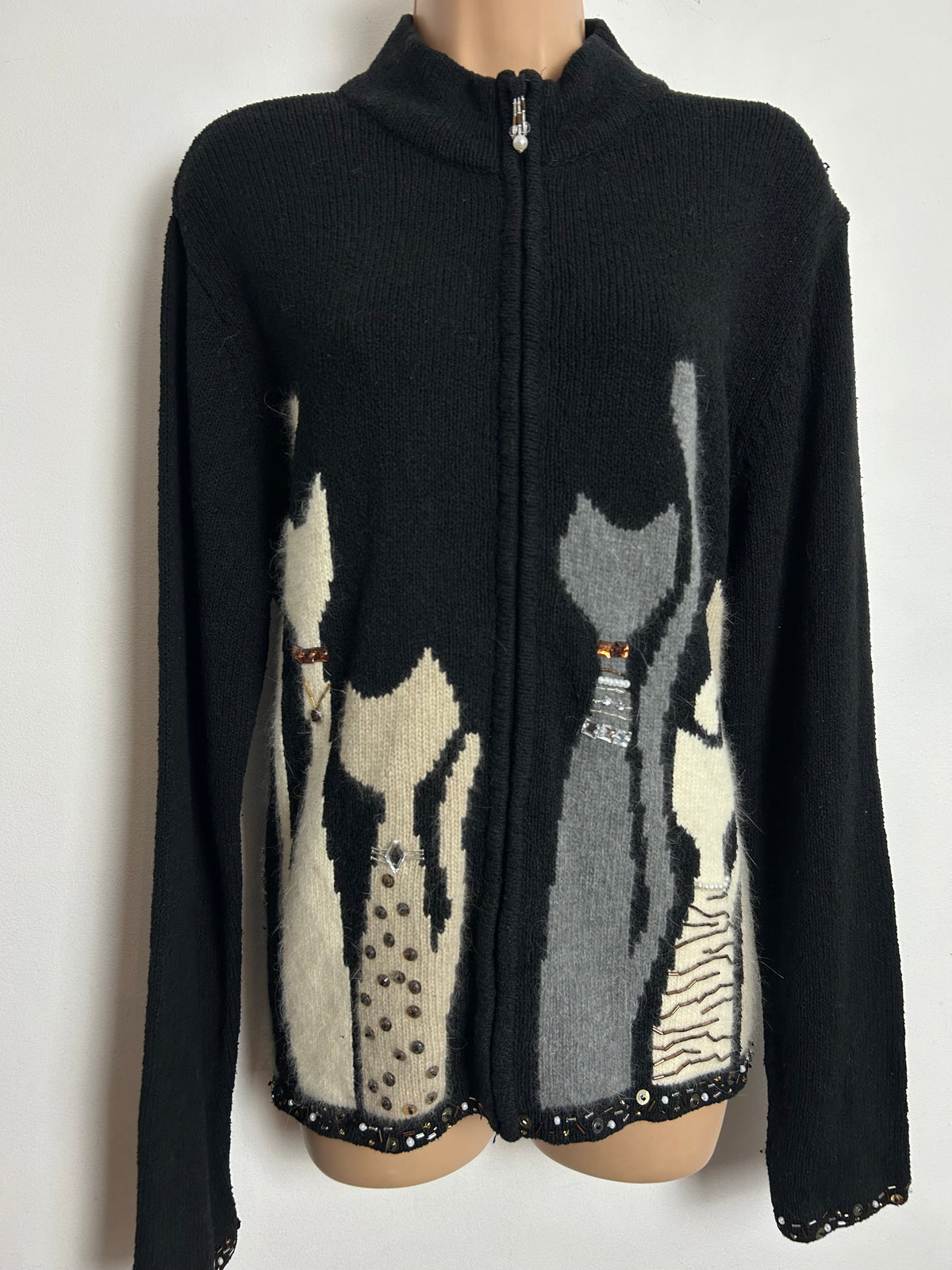 Vintage 1980s Up To Size 14-16 Black Beige Grey & Cream Novelty Cat Print Cardigan
