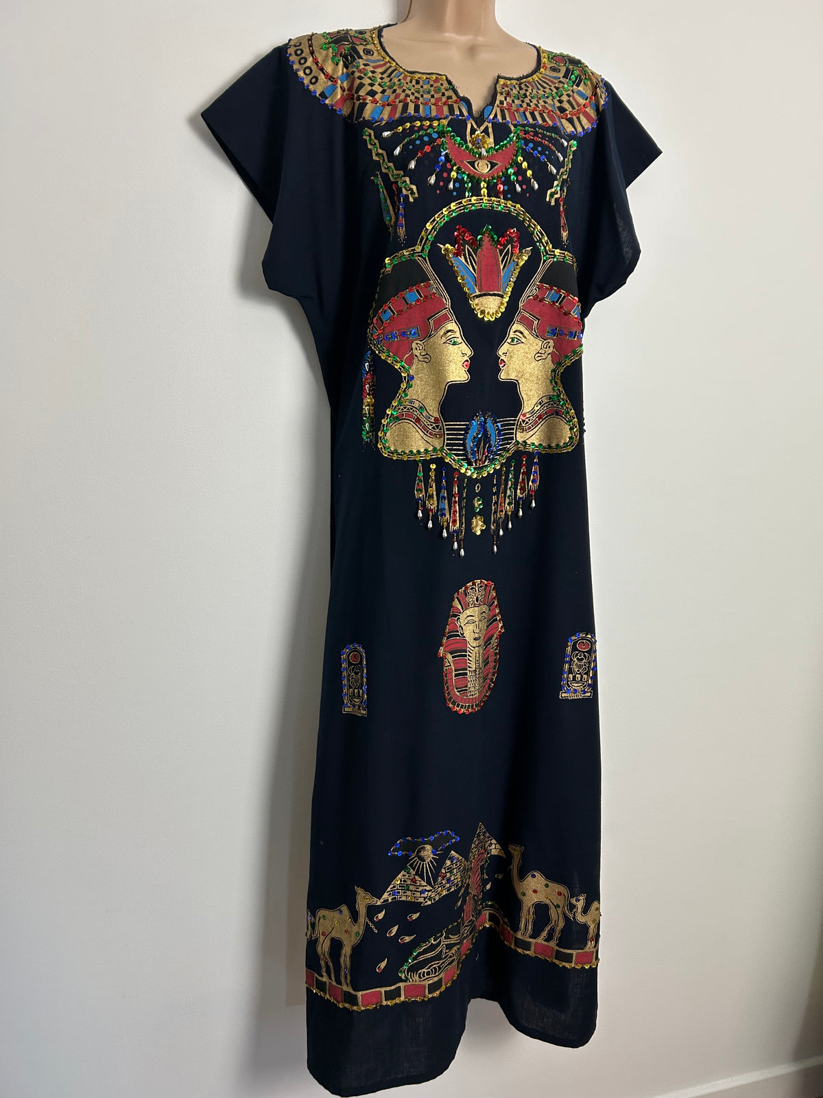 Vintage One Size Egyptian Themed Tourist Piece Beaded Sequin Sequin Bead Detail Maxi Length Kaftan