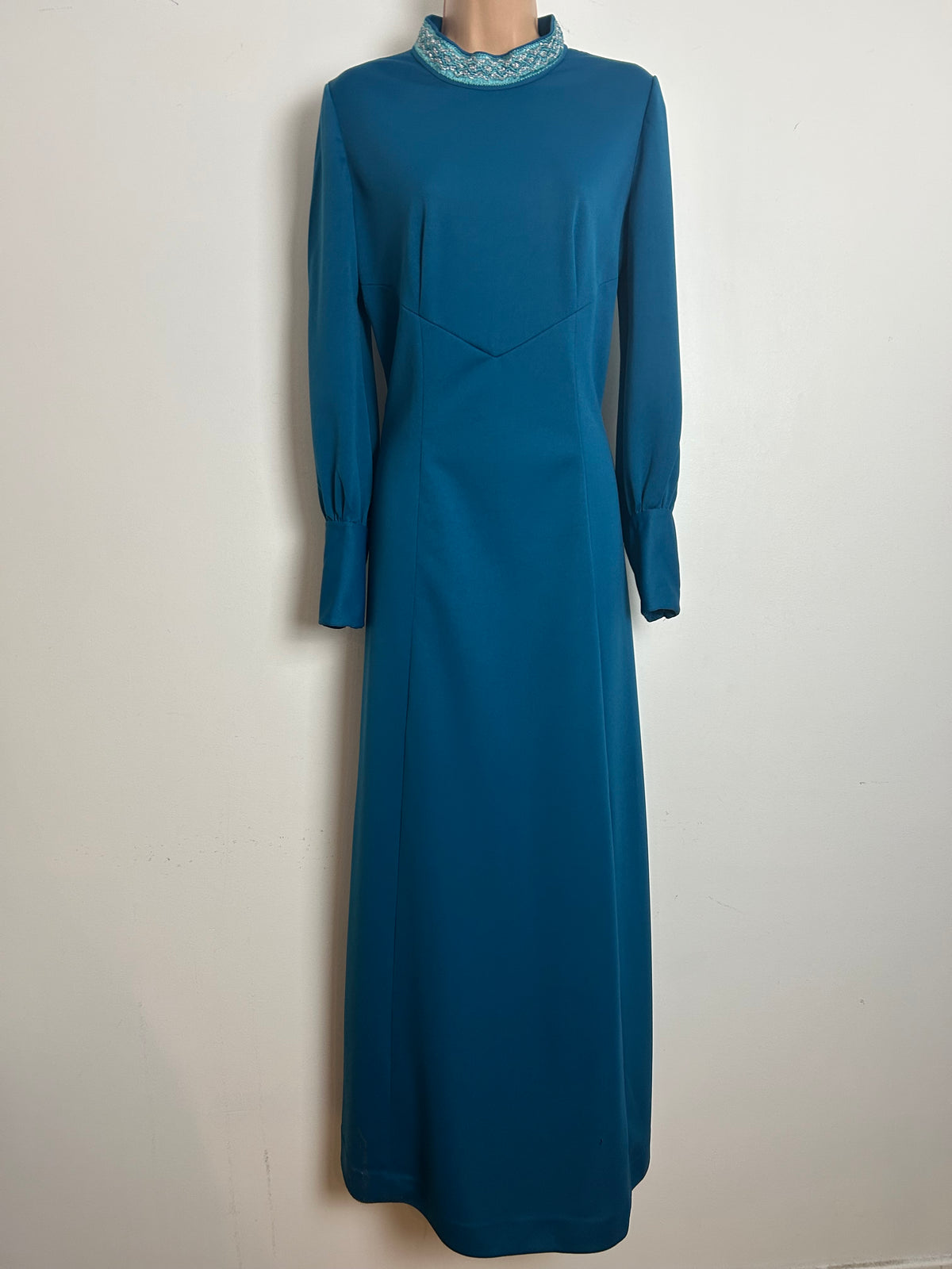 Vintage 1970s Size 12 Teal Braid Trim Long Sleeve Evening Maxi Dress