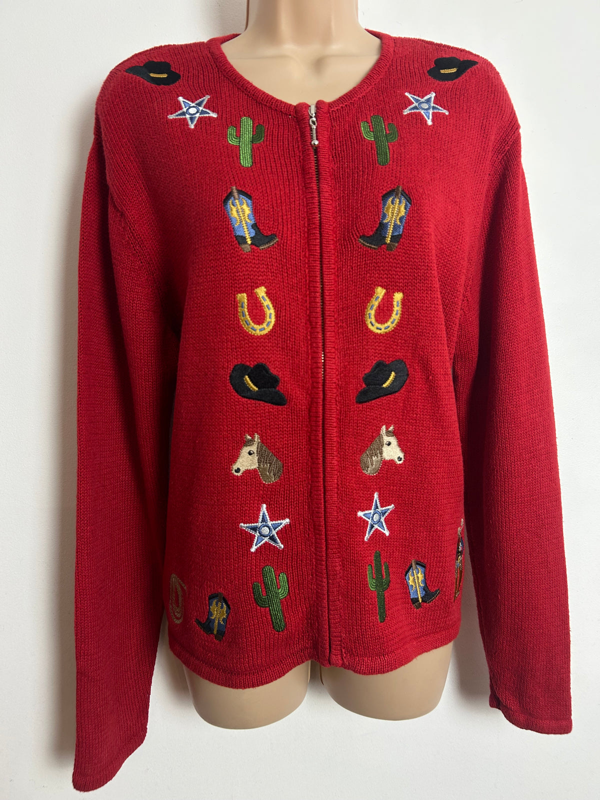 Vintage ROD'S Western Wear Size M (Up to size 14) Red Cowboy Line Dancing Applique Novelty Cardigan