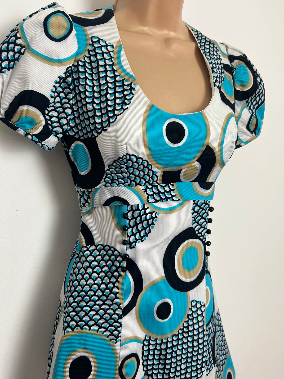 Vintage 1960s CANDA INTERNATIONAL Size 6 White Black Turquoise & Mocha Abstract Print Mini Mod Dress