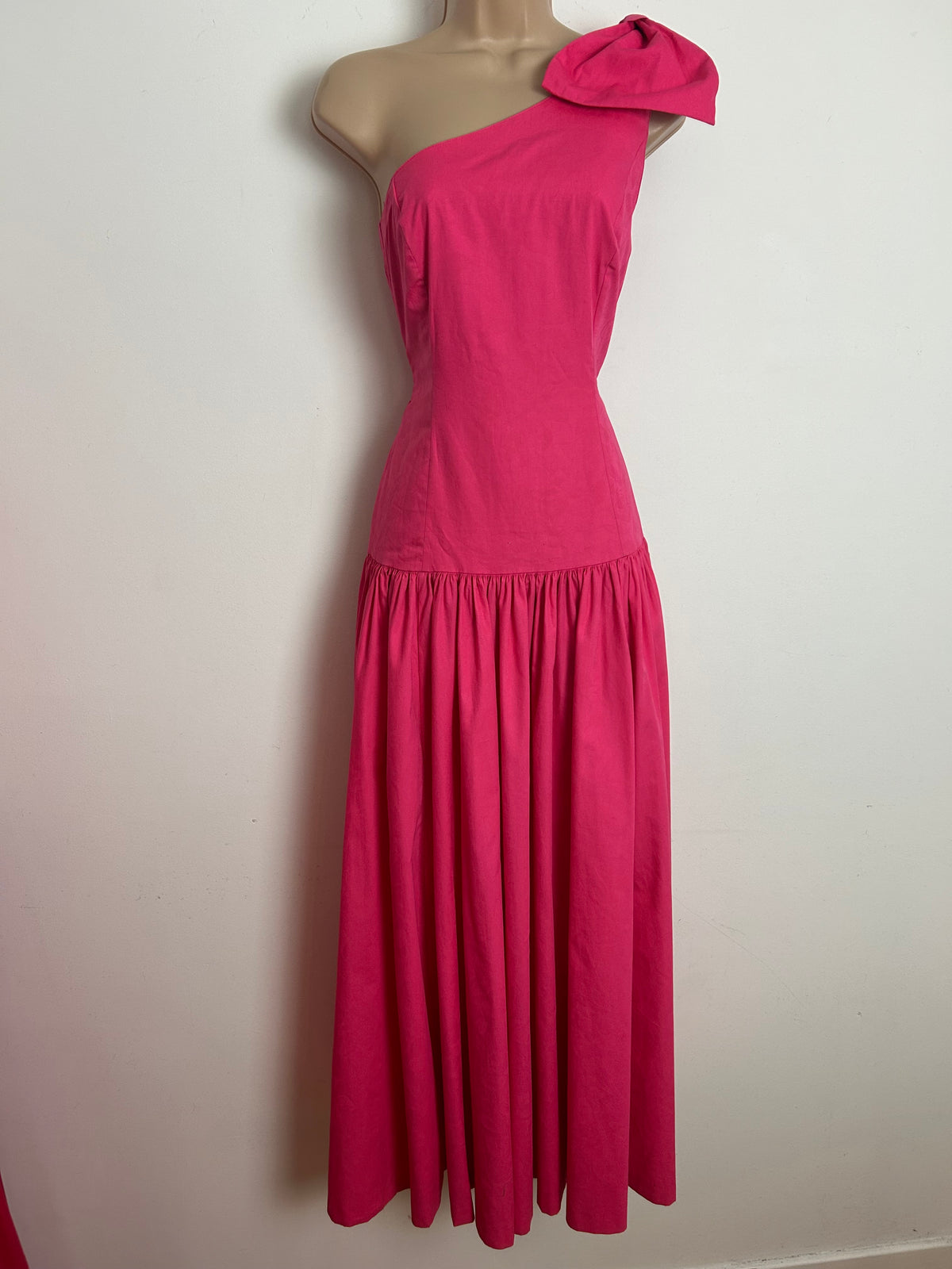 Vintage 1980s LAURA ASHLEY Size 8 (Size 12 On Label) Candy Pink One Shoulder Bow Detail Maxi Dress