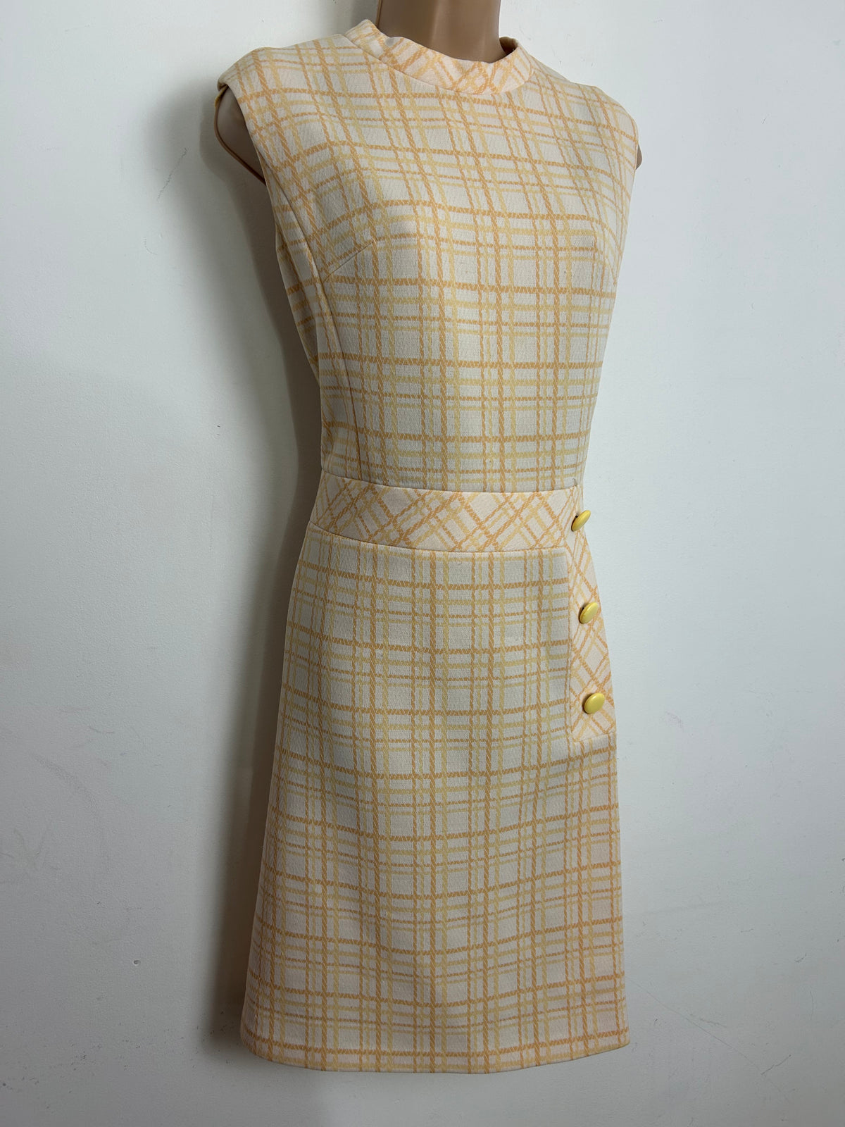Vintage 1960s Size 12 Cream & Pale Mustard Tones Check Print Mod Dress